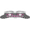Houndstooth w/Pink Accent Metal Pet Bowls - On Dog Bone Shaped Mat