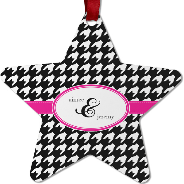 Custom Houndstooth w/Pink Accent Metal Star Ornament - Double Sided w/ Couple's Names