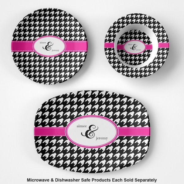 Houndstooth w/Pink Accent Microwave & Dishwasher Safe CP Plastic Dishware - Group