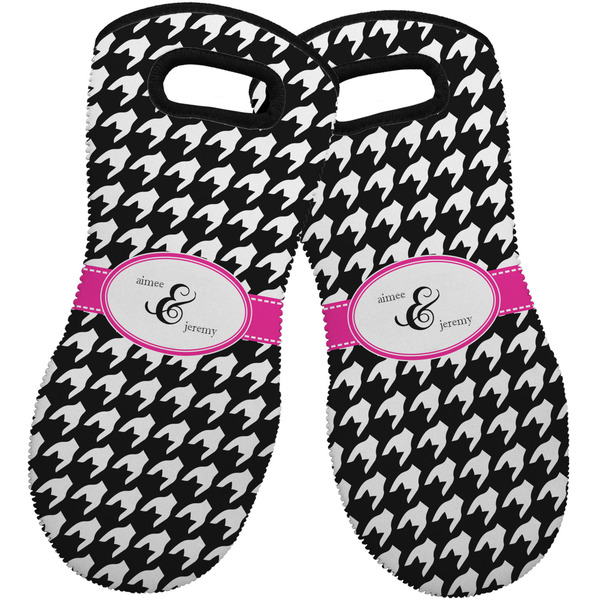 Custom Houndstooth w/Pink Accent Neoprene Oven Mitts - Set of 2 w/ Couple's Names