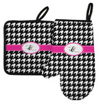 Houndstooth w/Pink Accent Left Oven Mitt & Pot Holder Set w/ Couple's Names