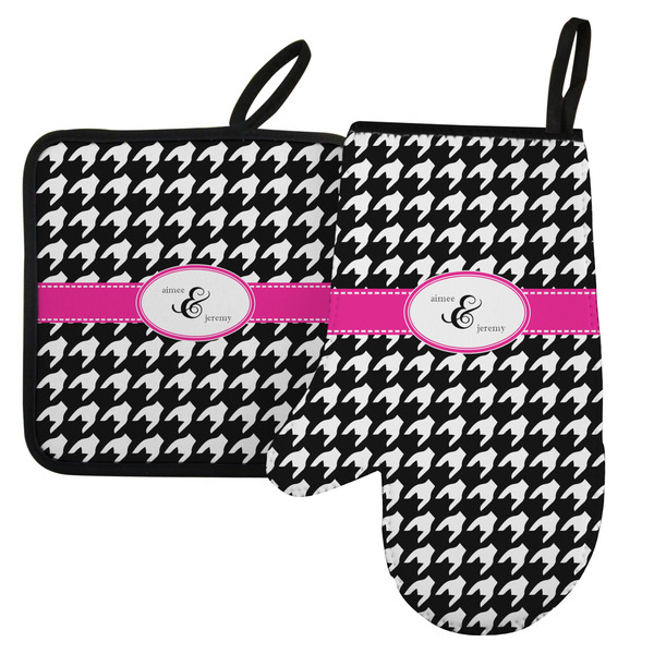 Custom Houndstooth w/Pink Accent Left Oven Mitt & Pot Holder Set w/ Couple's Names