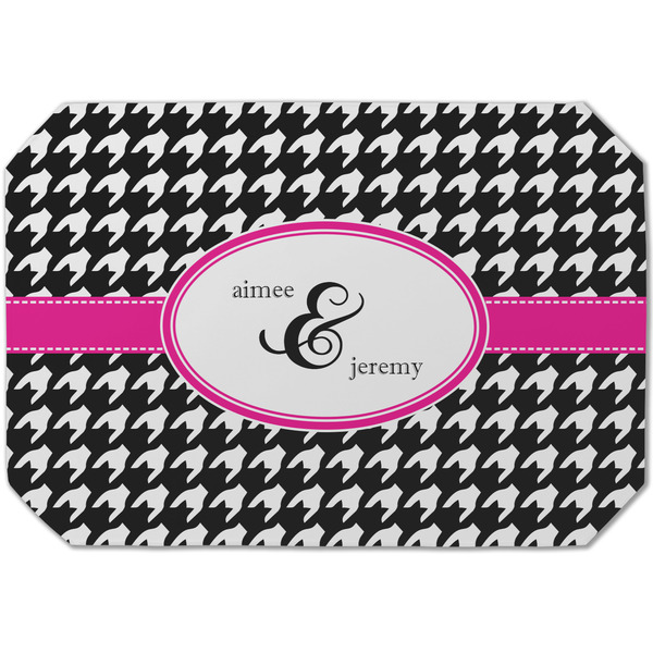 Custom Houndstooth w/Pink Accent Dining Table Mat - Octagon (Single-Sided) w/ Couple's Names