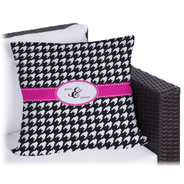 Custom Houndstooth w/Pink Accent Outdoor Pillow - 16" (Personalized)