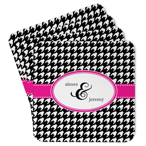 Custom Houndstooth w/Pink Accent Paper Coasters w/ Couple's Names