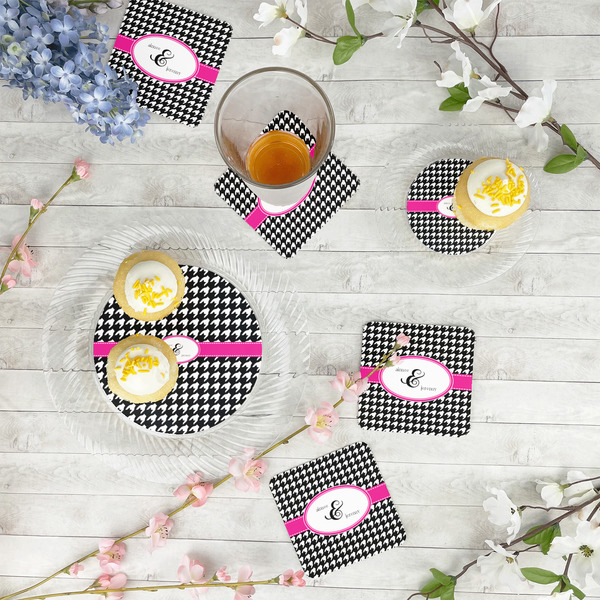 Houndstooth w/Pink Accent Paper Coasters - In Context