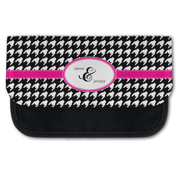 Custom Houndstooth w/Pink Accent Canvas Pencil Case w/ Couple's Names