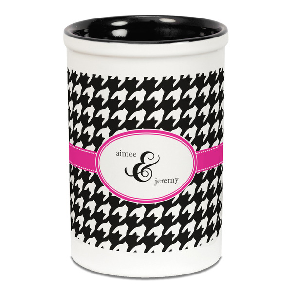 Custom Houndstooth w/Pink Accent Ceramic Pencil Holders - Black