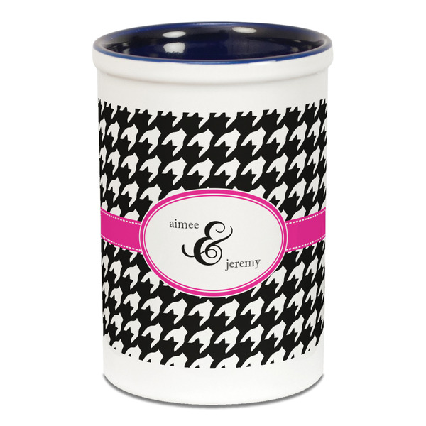 Custom Houndstooth w/Pink Accent Ceramic Pencil Holders - Blue