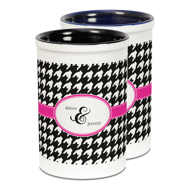 Custom Houndstooth w/Pink Accent Ceramic Pencil Holder - Large