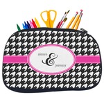 Houndstooth w/Pink Accent Neoprene Pencil Case - Medium w/ Couple's Names