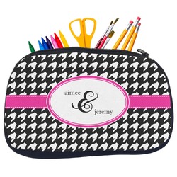 Houndstooth w/Pink Accent Neoprene Pencil Case - Medium w/ Couple's Names