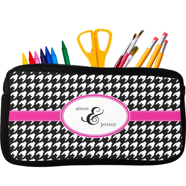 Custom Houndstooth w/Pink Accent Neoprene Pencil Case - Small w/ Couple's Names