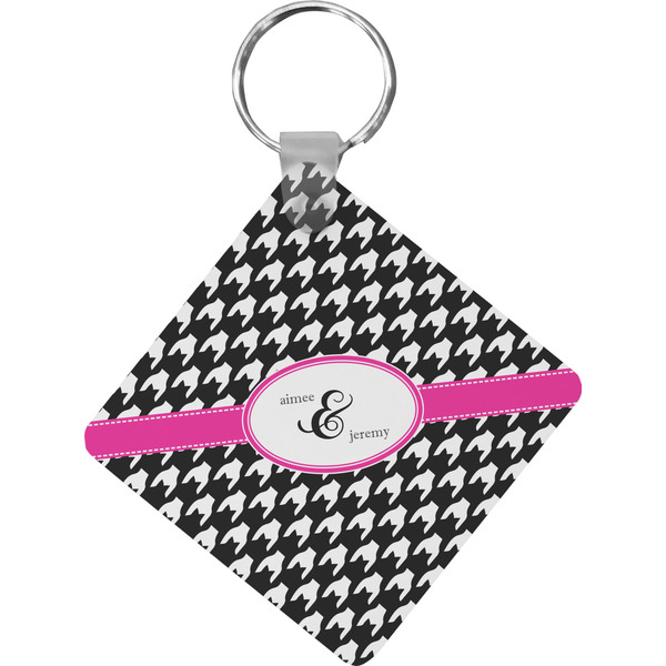 Custom Houndstooth w/Pink Accent Diamond Plastic Keychain w/ Couple's Names