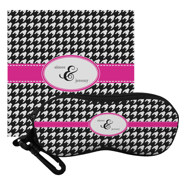 Custom Houndstooth w/Pink Accent Eyeglass Case & Cloth (Personalized)