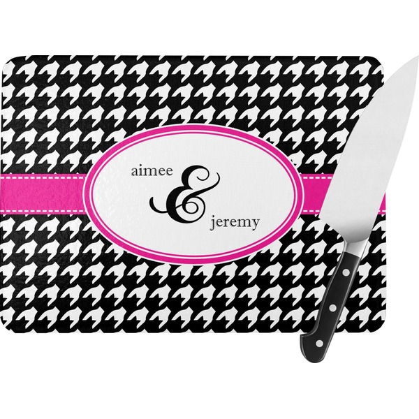 Custom Houndstooth w/Pink Accent Rectangular Glass Cutting Board - Large - 15.25"x11.25" w/ Couple's Names