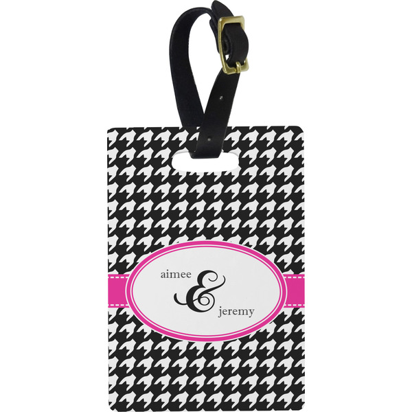 Custom Houndstooth w/Pink Accent Plastic Luggage Tag - Rectangular w/ Couple's Names