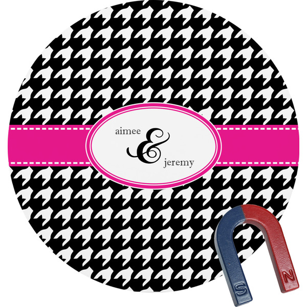 Custom Houndstooth w/Pink Accent Round Fridge Magnet (Personalized)
