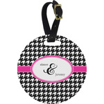 Houndstooth w/Pink Accent Plastic Luggage Tag - Round (Personalized)