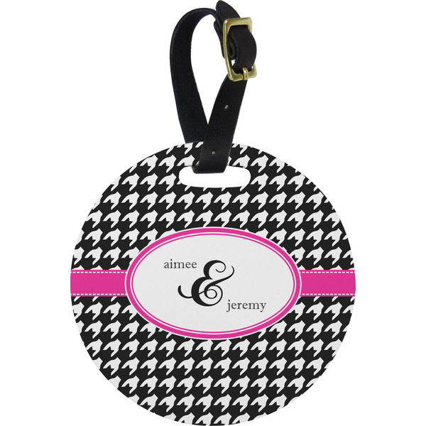 Custom Houndstooth w/Pink Accent Plastic Luggage Tag - Round (Personalized)
