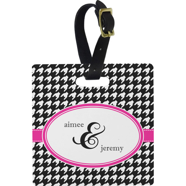 Custom Houndstooth w/Pink Accent Plastic Luggage Tag - Square w/ Couple's Names