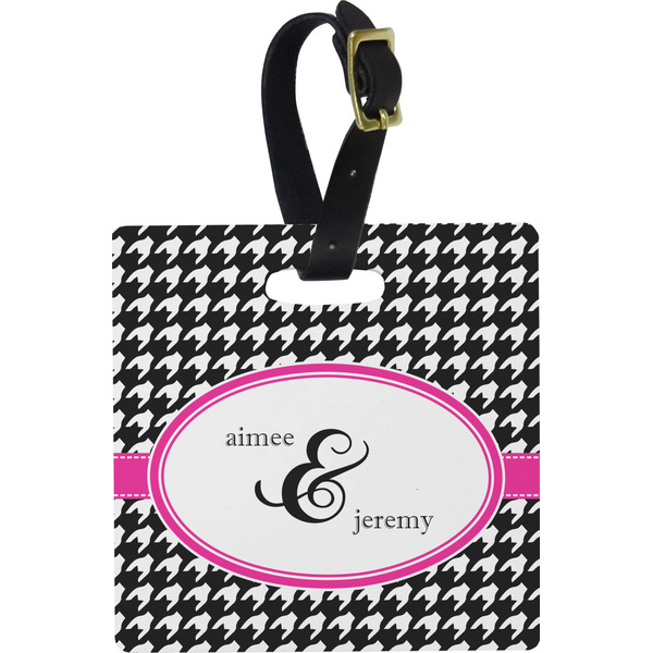 Houndstooth w/Pink Accent Personalized Square Luggage Tag