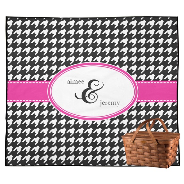 Custom Houndstooth w/Pink Accent Outdoor Picnic Blanket (Personalized)