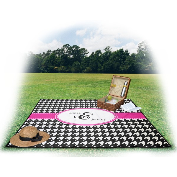 Houndstooth w/Pink Accent Picnic Blanket - with Basket Hat and Book - in Use