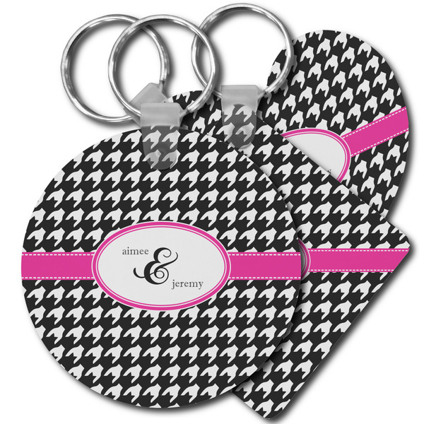Custom Houndstooth w/Pink Accent Plastic Keychain (Personalized)