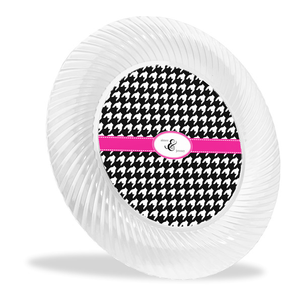 Custom Houndstooth w/Pink Accent Plastic Party Dinner Plates - 10" (Personalized)