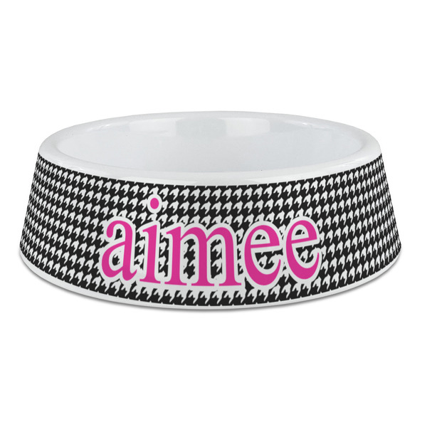 Custom Houndstooth w/Pink Accent Plastic Dog Bowl - Large (Personalized)