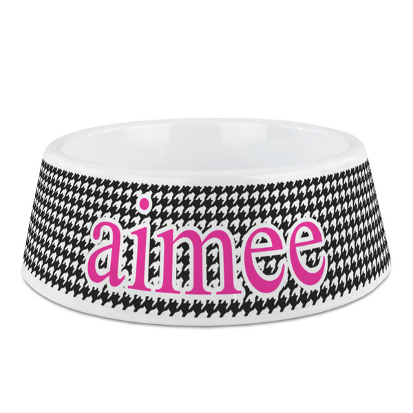 Custom Houndstooth w/Pink Accent Plastic Dog Bowl (Personalized)