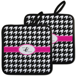 Houndstooth w/Pink Accent Pot Holders - Set of 2 w/ Couple's Names