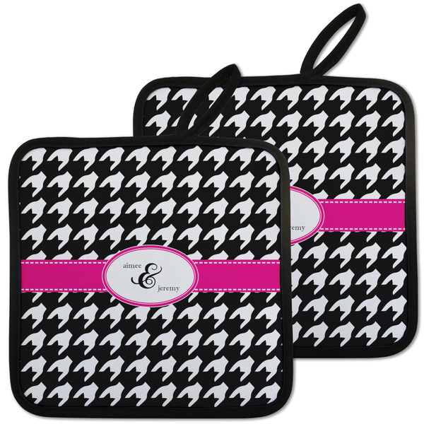 Custom Houndstooth w/Pink Accent Pot Holders - Set of 2 w/ Couple's Names
