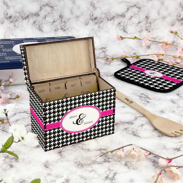 Houndstooth w/Pink Accent Recipe Box - Full Color - In Context