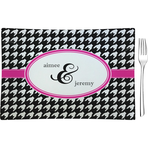 Custom Houndstooth w/Pink Accent Rectangular Glass Appetizer / Dessert Plate - Single or Set (Personalized)