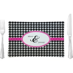 Houndstooth w/Pink Accent Rectangular Glass Lunch / Dinner Plate - Single or Set (Personalized)