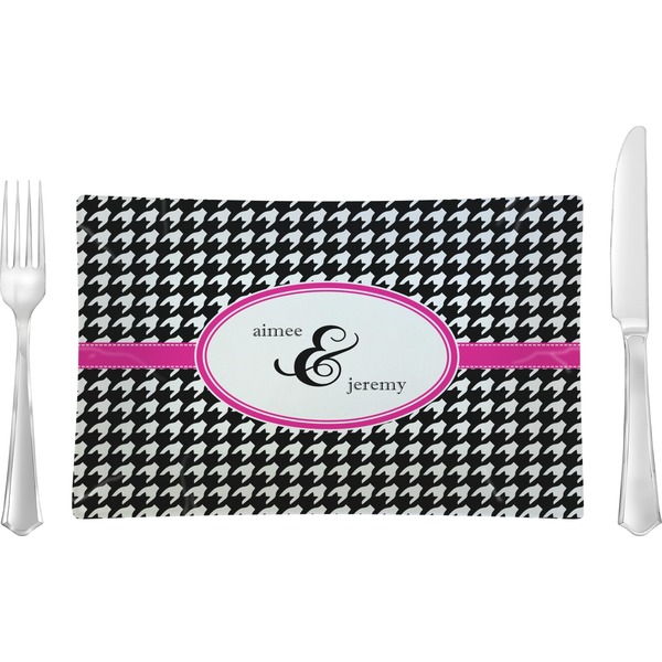 Custom Houndstooth w/Pink Accent Rectangular Glass Lunch / Dinner Plate - Single or Set (Personalized)