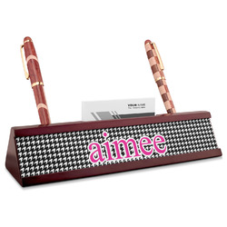 Houndstooth w/Pink Accent Red Mahogany Nameplate with Business Card Holder (Personalized)