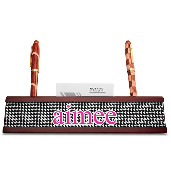 Houndstooth w/Pink Accent Red Mahogany Nameplates with Business Card Holder - Straight