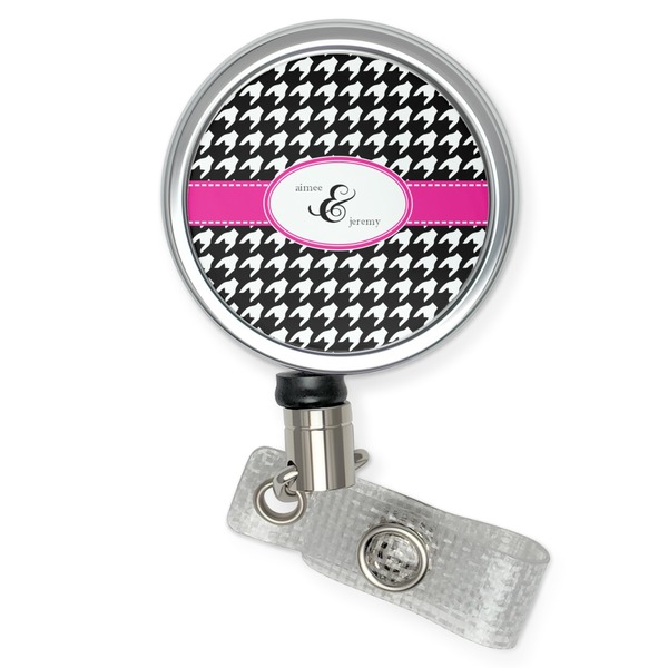 Custom Houndstooth w/Pink Accent Retractable Badge Reel (Personalized)
