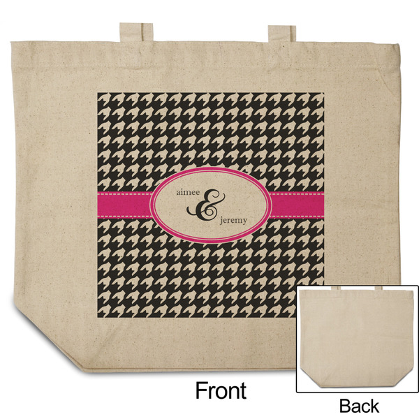 Houndstooth w/Pink Accent Reusable Cotton Grocery Bag - Front & Back View