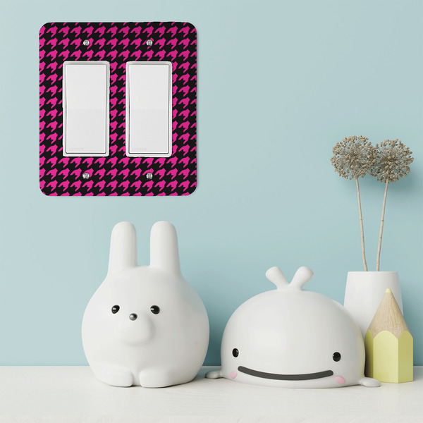 Houndstooth w/Pink Accent Rocker Light Switch Covers - Double - IN CONTEXT