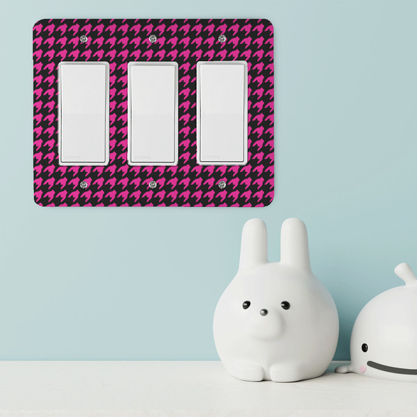 Houndstooth w/Pink Accent Rocker Light Switch Covers - Triple - IN CONTEXT