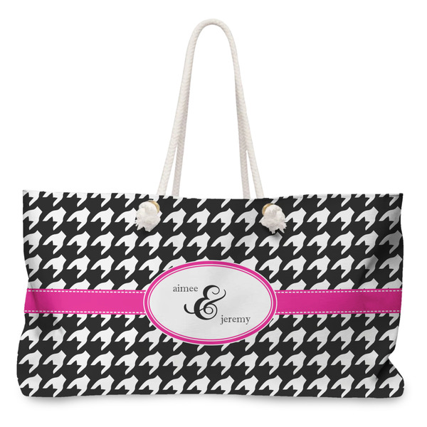 Custom Houndstooth w/Pink Accent Large Tote Bag with Rope Handles (Personalized)