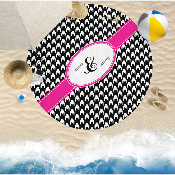 Houndstooth w/Pink Accent Round Beach Towel Lifestyle