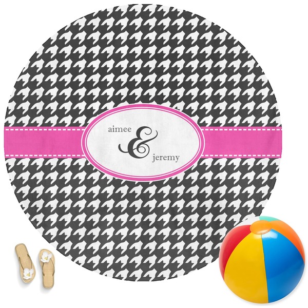 Custom Houndstooth w/Pink Accent Round Beach Towel (Personalized)
