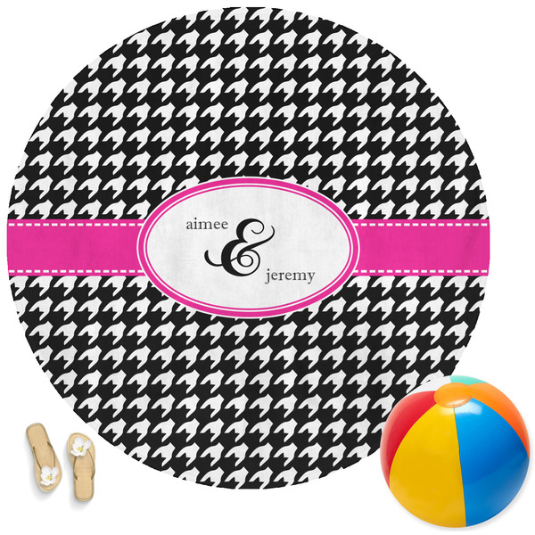 Custom Houndstooth w/Pink Accent Round Beach Towel (Personalized)