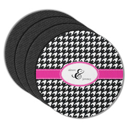 Houndstooth w/Pink Accent Round Rubber Backed Coasters - Set of 4 (Personalized)