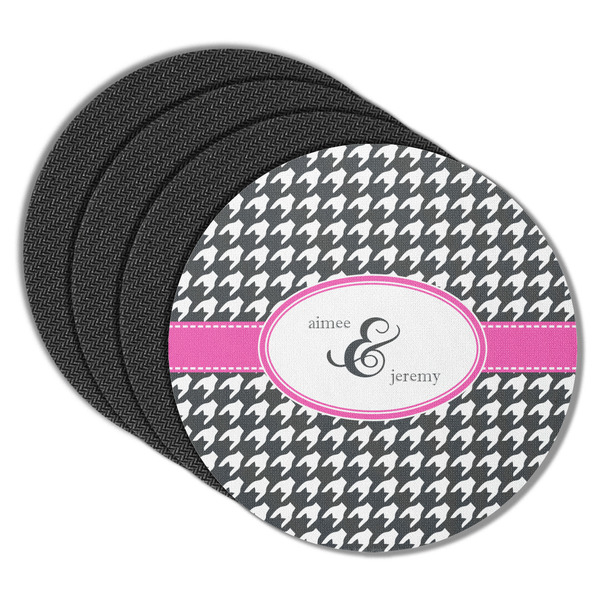 Custom Houndstooth w/Pink Accent Round Rubber Backed Coasters - Set of 4 (Personalized)